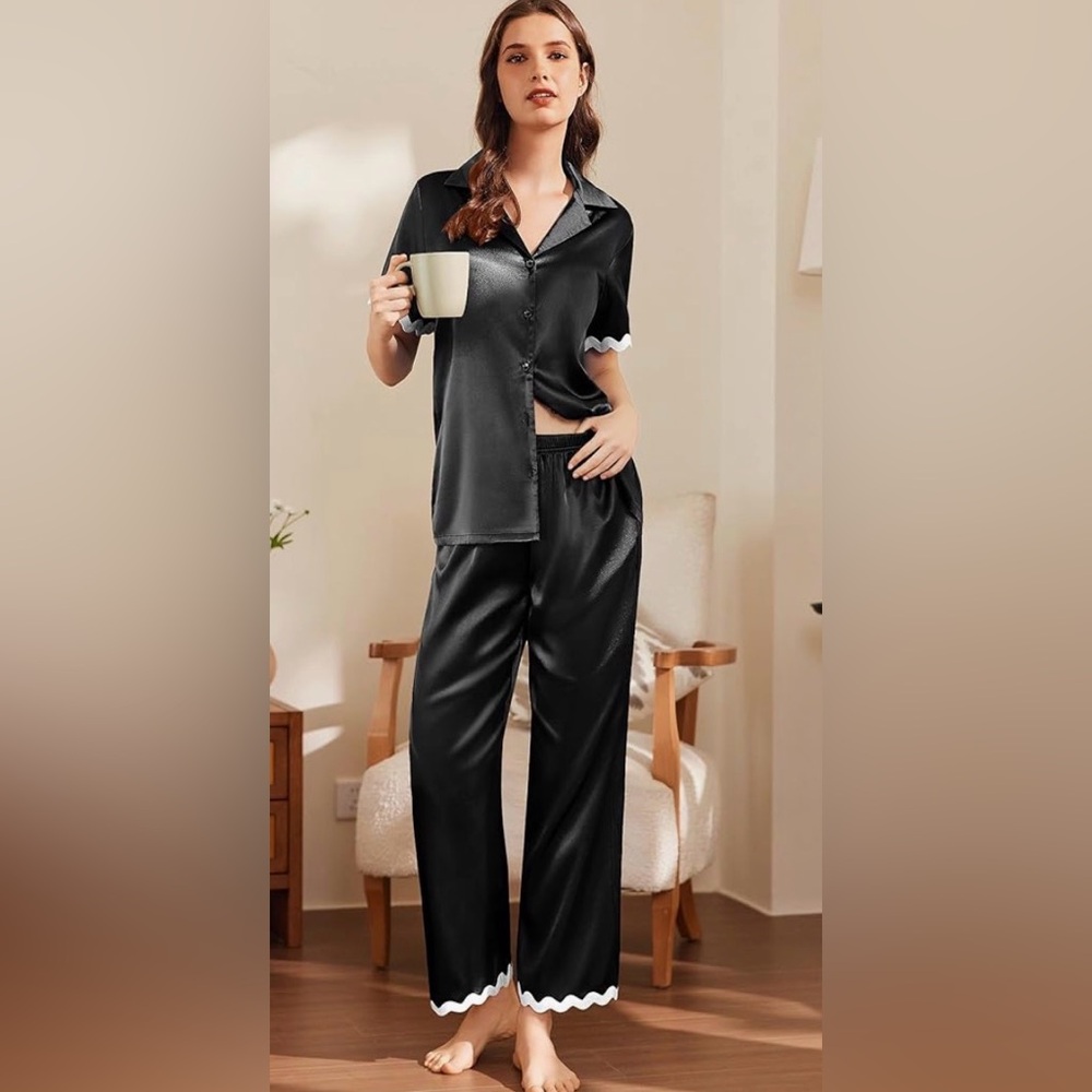 Chic Black Satin Women's Pajama Top Bottoms Medium NWT Short Sleeves White Trim